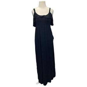 Soma‎ Maxi Dress Medium Black Ruffle Pockets Stretch Soft Jersey Cold Shoulder